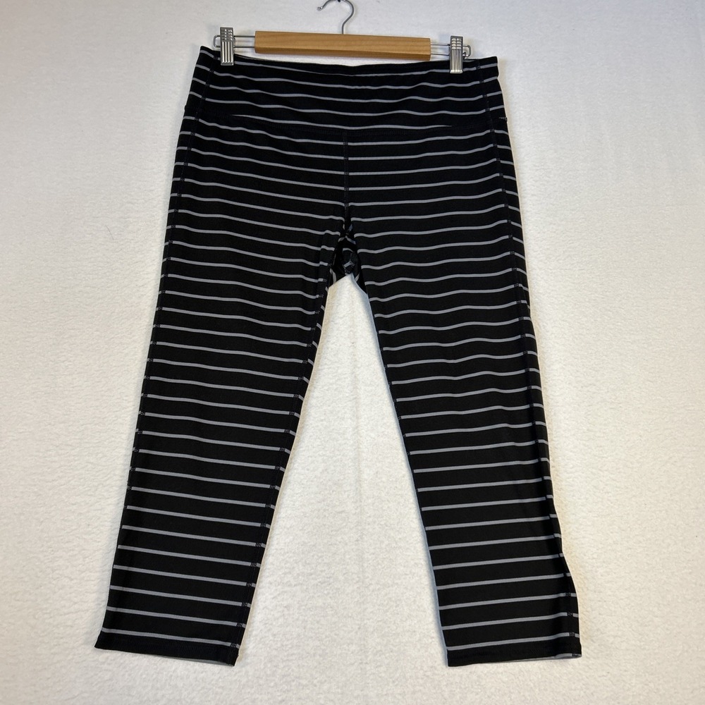 Athleta Leggings Womens Large Black Gray Chaturanga Capri Yoga Pants Striped